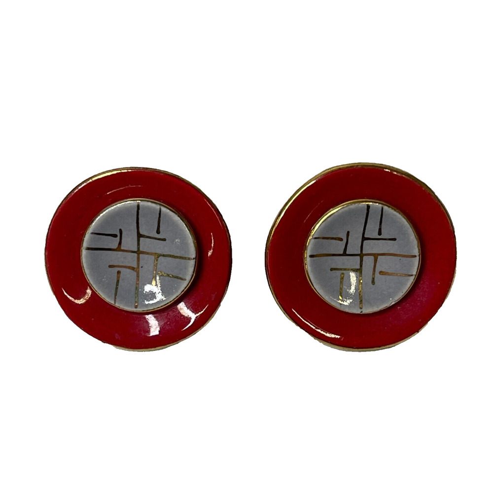 Vintage Round Red/Gray Colored Silver Tone Clip On Earrings Fashion Jewelry